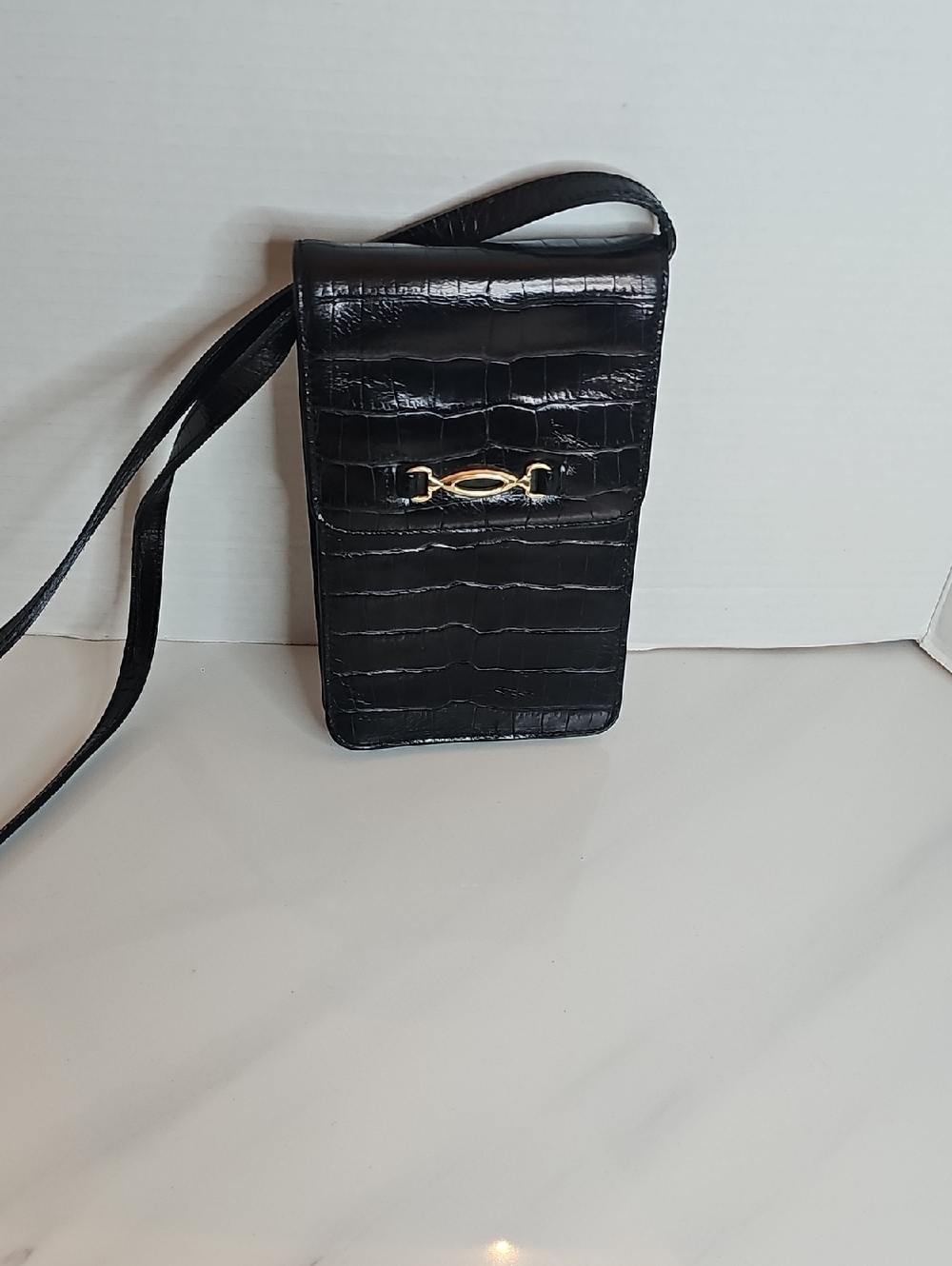 Liz Claiborne Black Croc-Embossed Crossbody with Gold Accent